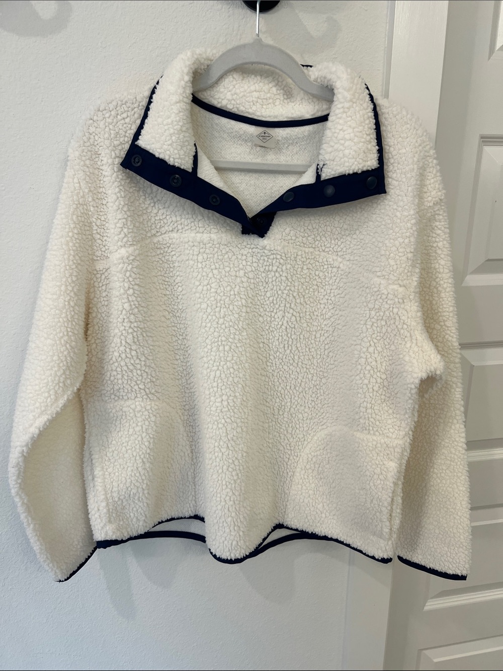 St. John's Bay Cream Sherpa Pullover with Navy Trim